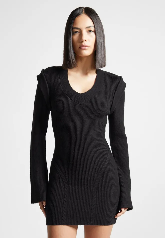 Women Manire De Voir Wide Shoulder Knitted Contour Mini Dress Black