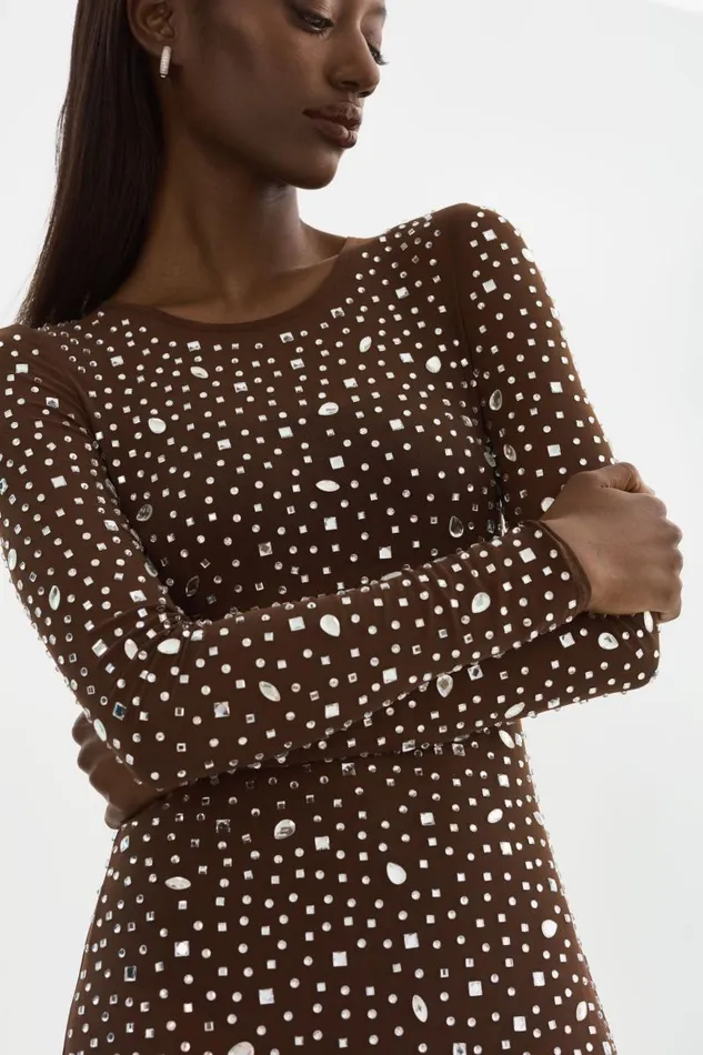 Women MARET Rhinestone Mesh Dress Espresso LAMARQUE Dresses