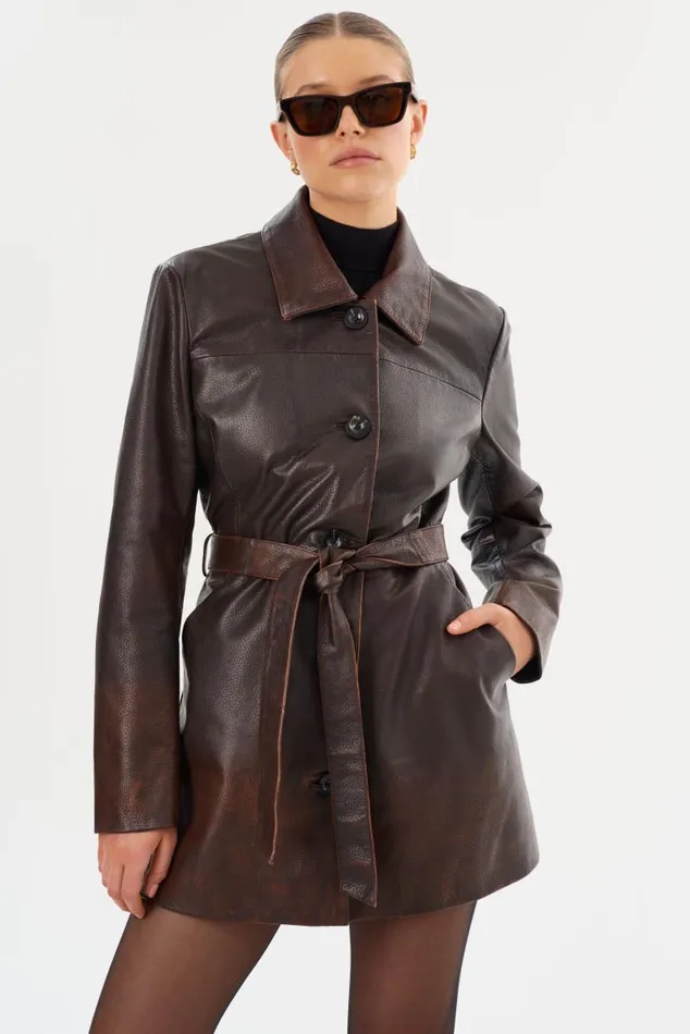 Women MARLOWE Leather Trench Coat Rub Off Brown LAMARQUE Leather Jackets
