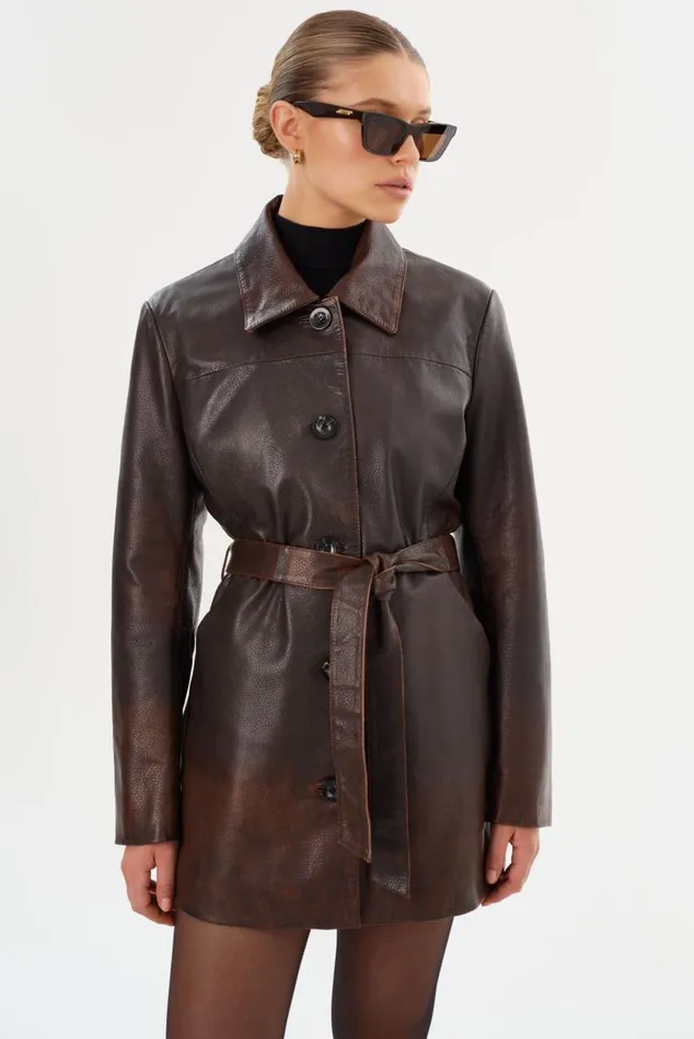 Women MARLOWE Leather Trench Coat Rub Off Brown LAMARQUE Leather Jackets Women MARLOWE Leather Trench Coat Rub Off Brown LAMARQUE Leather Jackets