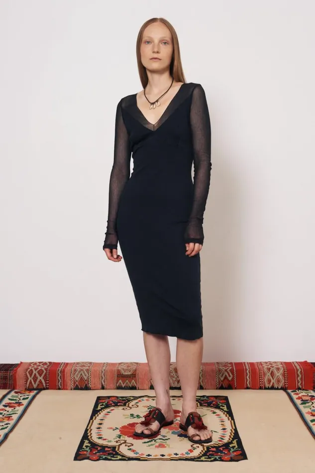 Women Mesh Black Long Sleeve Poppy Midi Dress Raquel Allegra Dresses