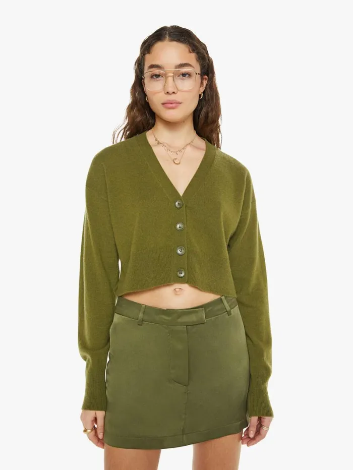 Women Mother Denim Adele Cropped VNeck Cardigan Olive