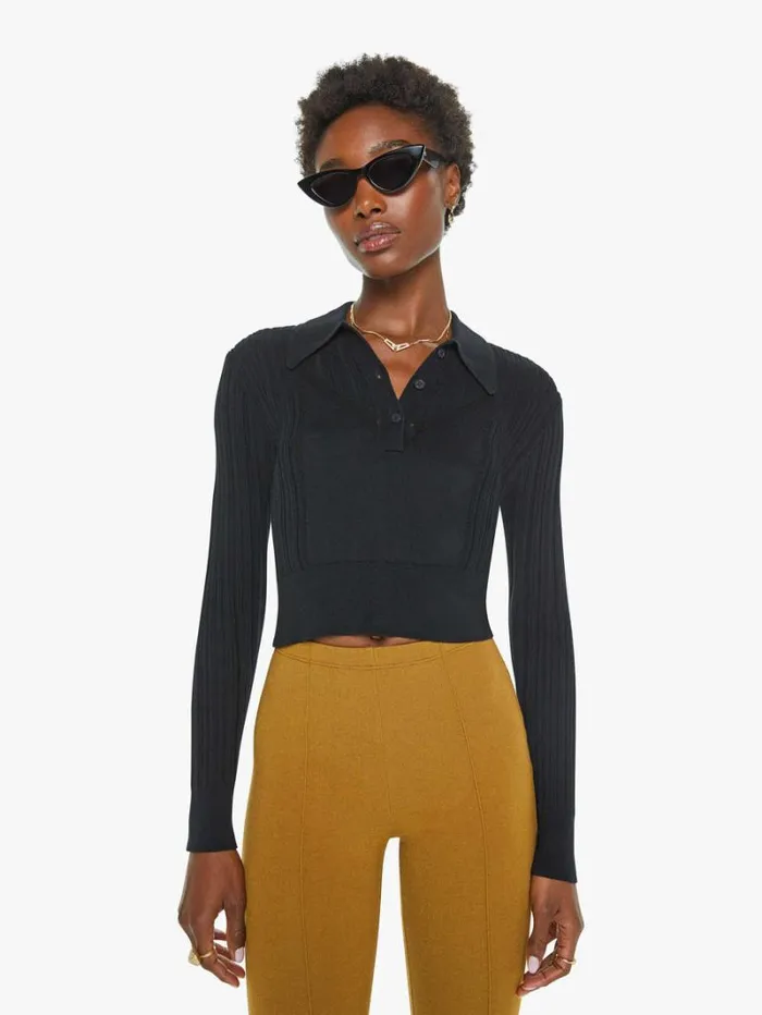 Women Mother Denim Frances Cropped Collared Henley Black