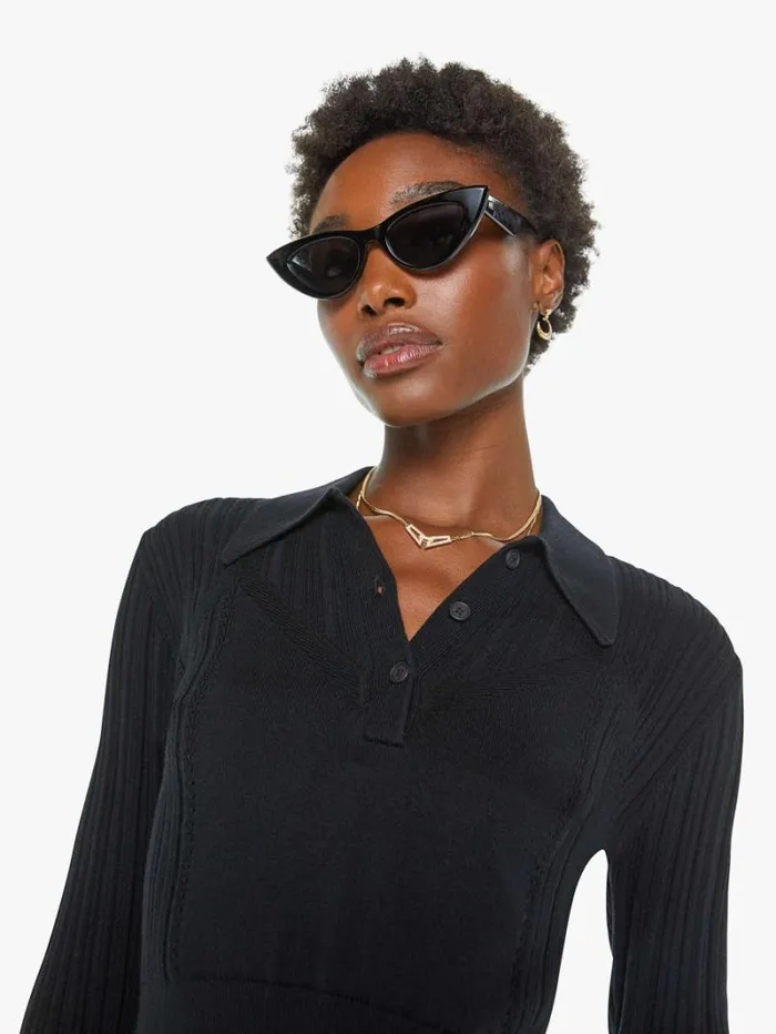 Women Mother Denim Frances Cropped Collared Henley Black