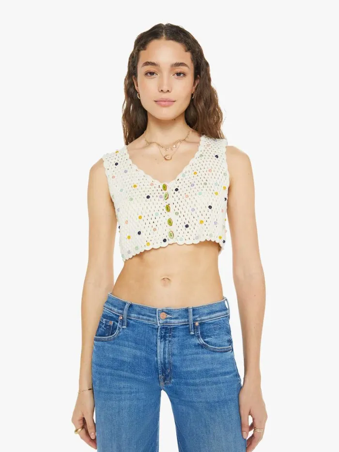 Women Mother Denim Ludi Pearl Beaded Crochet Top Ivory