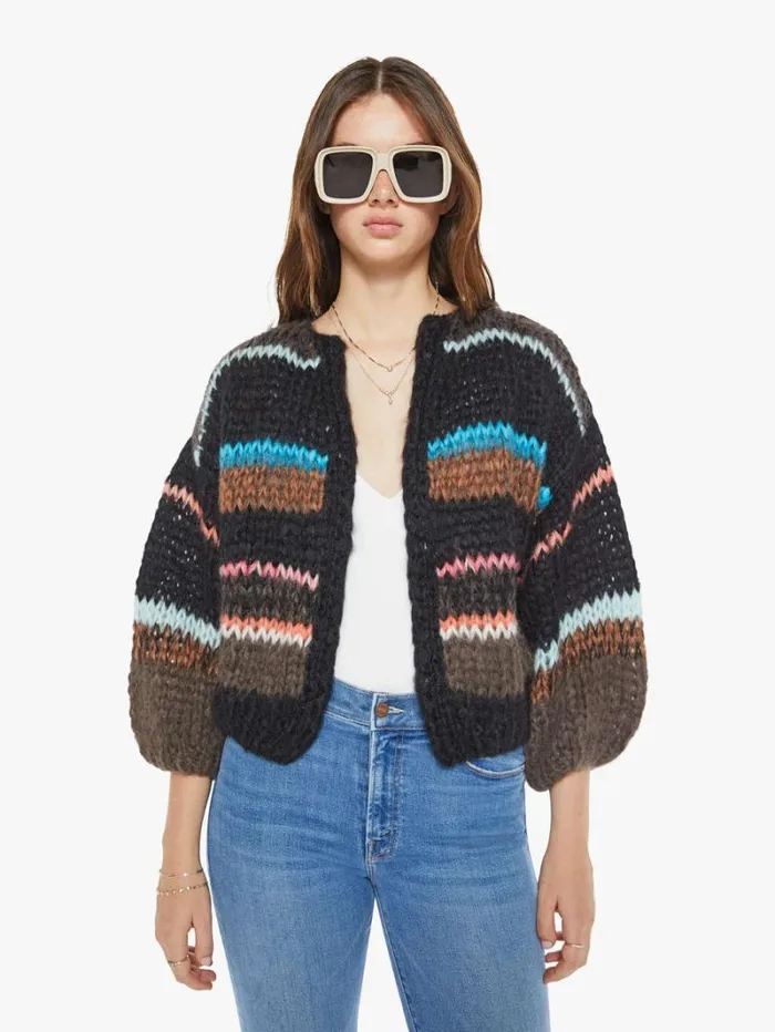 Women Mother Denim Stripes Galore Bomber Cardigan Chocolate