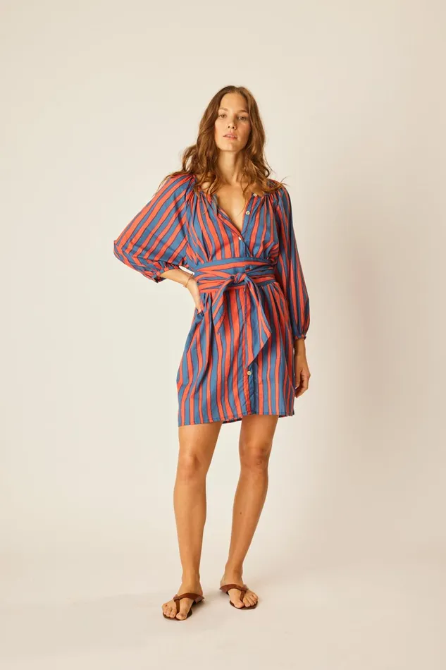 Women Natalie Martin Dresses Alex Short Dress With Sash Batik Stripe Blood Orange