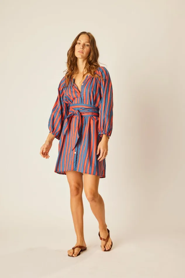 Women Natalie Martin Dresses Alex Short Dress With Sash Batik Stripe Blood Orange