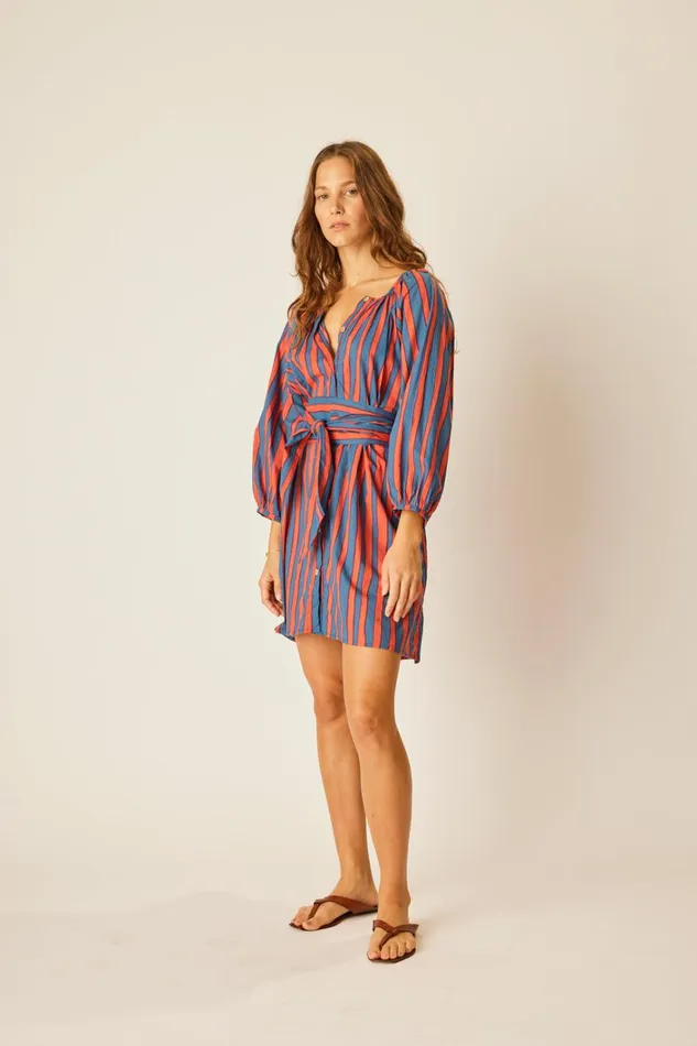 Women Natalie Martin Dresses Alex Short Dress With Sash Batik Stripe Blood Orange