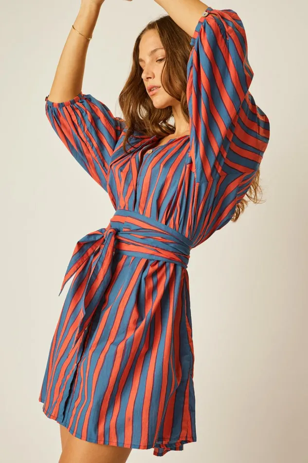 Women Natalie Martin Dresses Alex Short Dress With Sash Batik Stripe Blood Orange