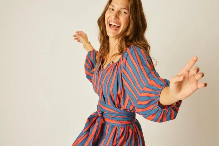 Women Natalie Martin Dresses Alex Short Dress With Sash Batik Stripe Blood Orange