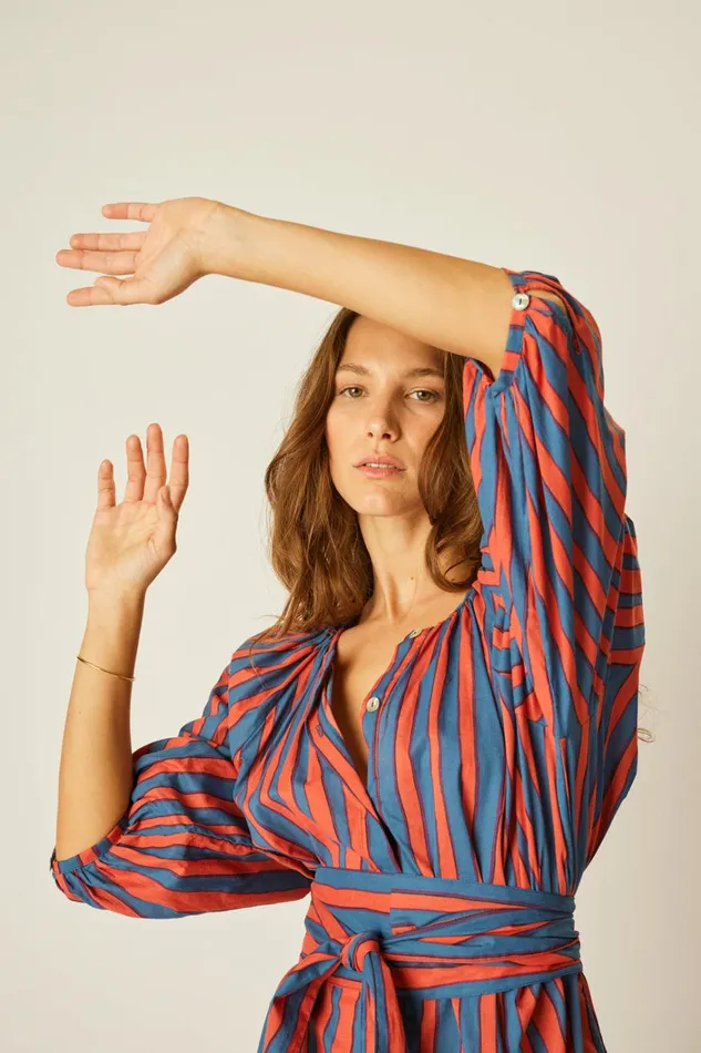 Women Natalie Martin Dresses Alex Short Dress With Sash Batik Stripe Blood Orange