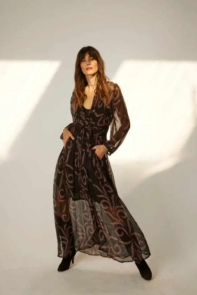 Women Natalie Martin Dresses Nico LS Maxi With Sash Feather Chiffon