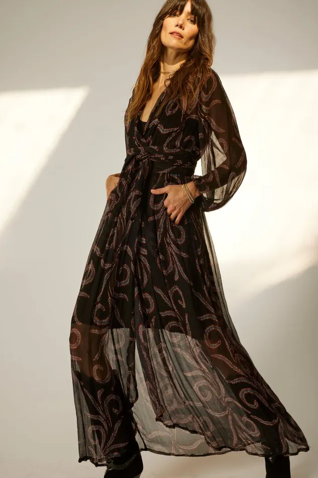 Women Natalie Martin Dresses Nico LS Maxi With Sash Feather Chiffon