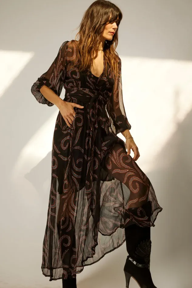 Women Natalie Martin Dresses Nico LS Maxi With Sash Feather Chiffon