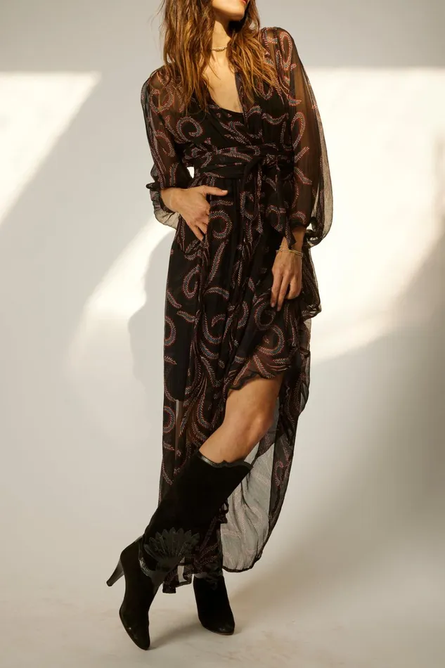 Women Natalie Martin Dresses Nico LS Maxi With Sash Feather Chiffon