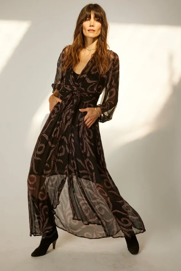 Women Natalie Martin Dresses Nico LS Maxi With Sash Feather Chiffon