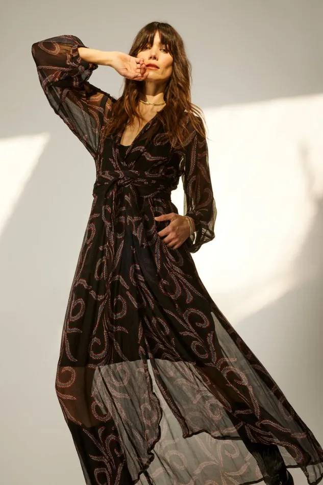 Women Natalie Martin Dresses Nico LS Maxi With Sash Feather Chiffon