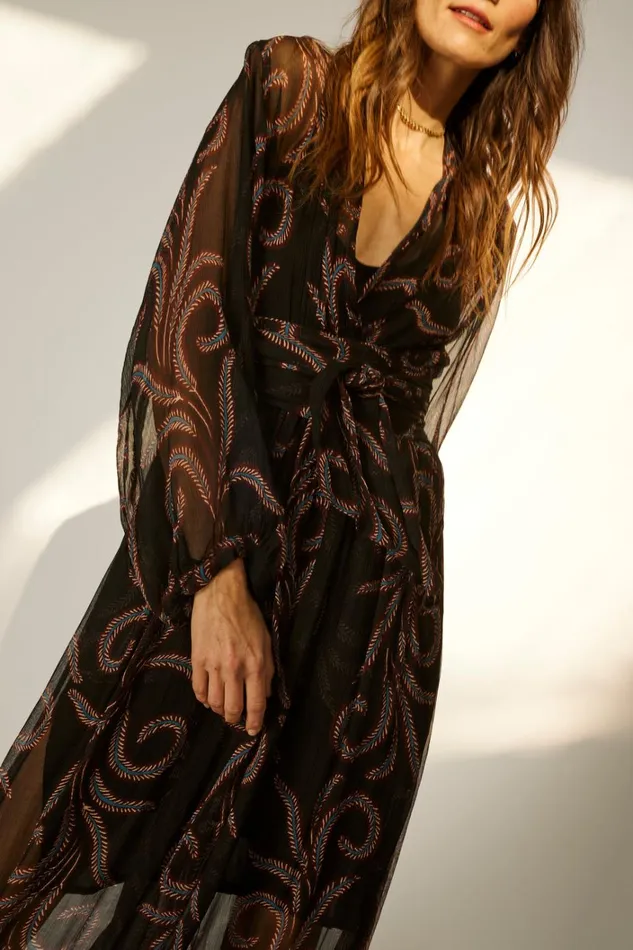 Women Natalie Martin Dresses Nico LS Maxi With Sash Feather Chiffon