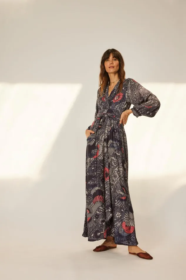 Women Natalie Martin Dresses Nico LS Maxi With Sash Peacock Ink