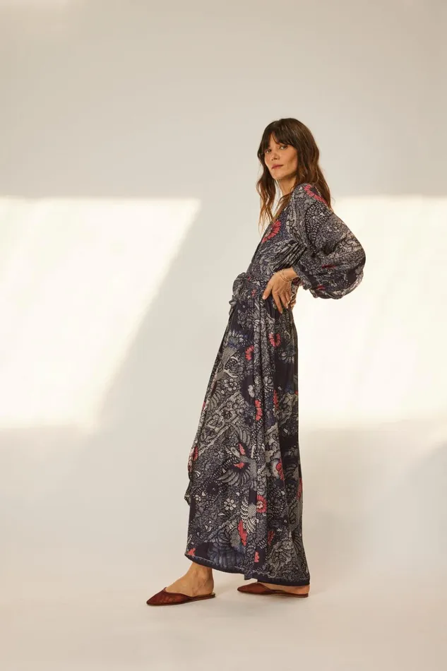 Women Natalie Martin Dresses Nico LS Maxi With Sash Peacock Ink