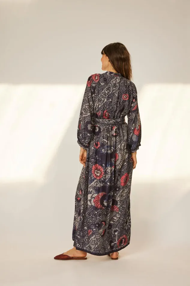 Women Natalie Martin Dresses Nico LS Maxi With Sash Peacock Ink