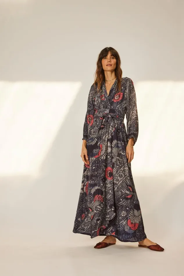 Women Natalie Martin Dresses Nico LS Maxi With Sash Peacock Ink
