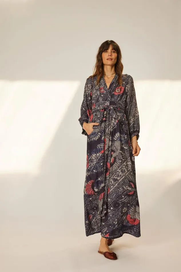 Women Natalie Martin Dresses Nico LS Maxi With Sash Peacock Ink
