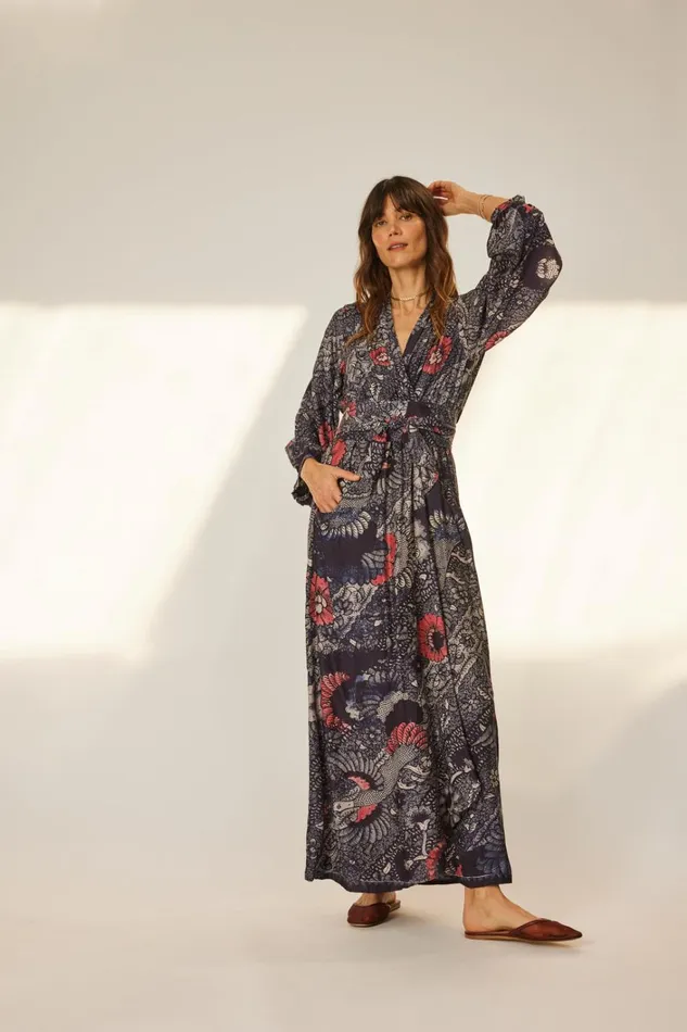 Women Natalie Martin Dresses Nico LS Maxi With Sash Peacock Ink