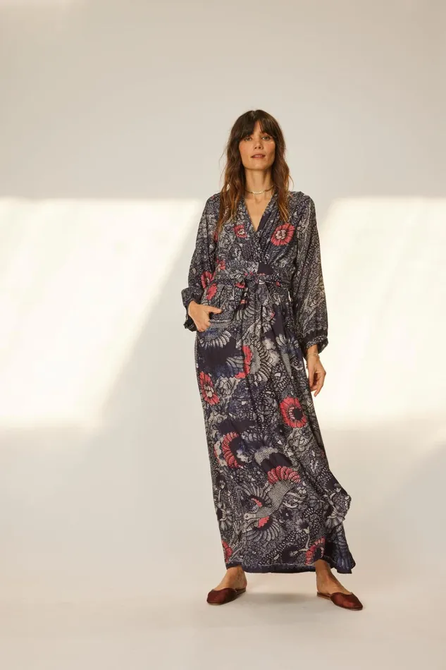 Women Natalie Martin Dresses Nico LS Maxi With Sash Peacock Ink