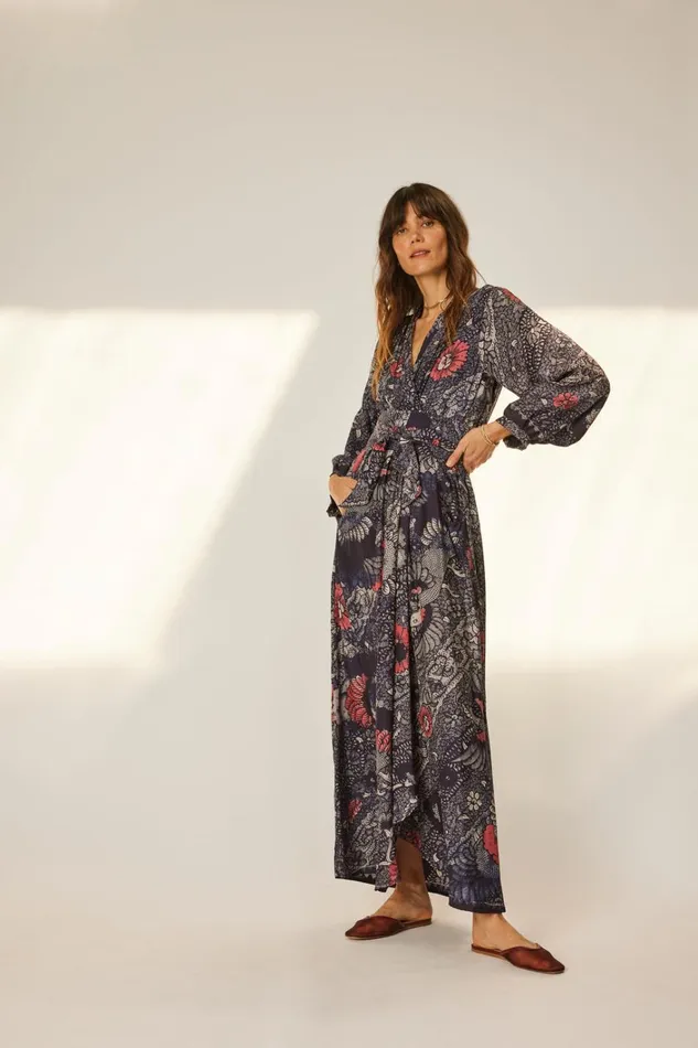 Women Natalie Martin Dresses Nico LS Maxi With Sash Peacock Ink