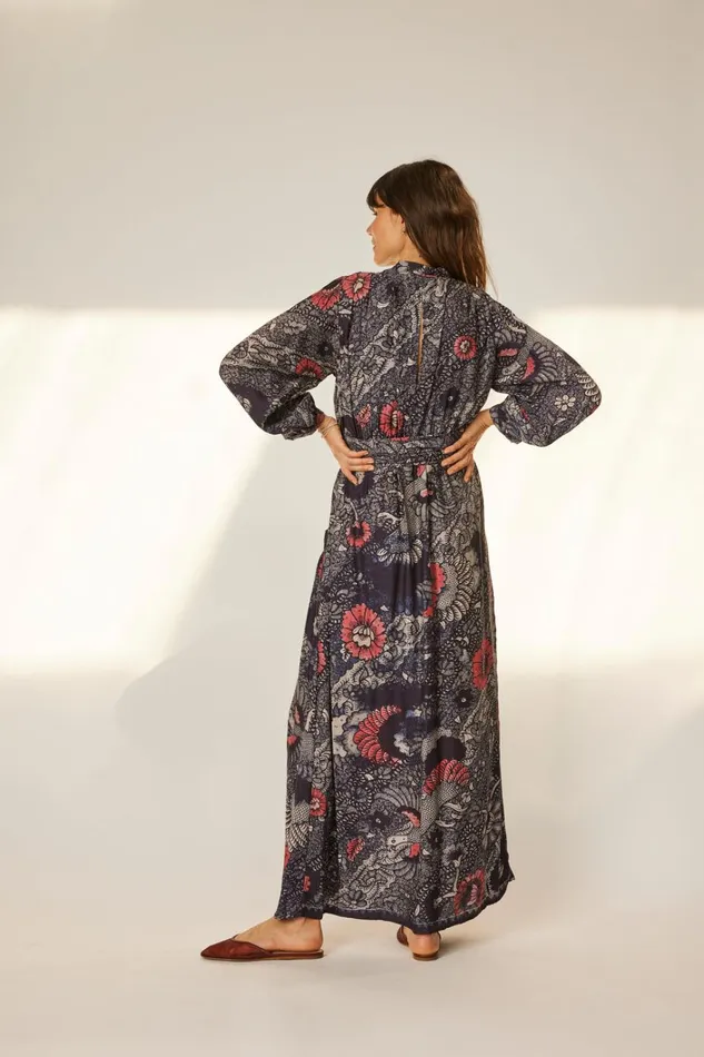 Women Natalie Martin Dresses Nico LS Maxi With Sash Peacock Ink
