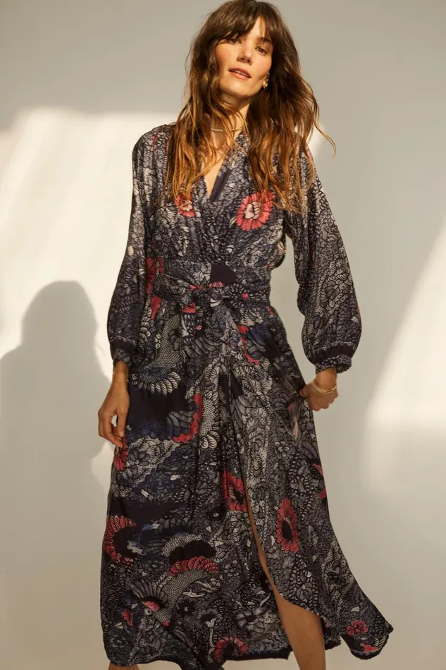 Women Natalie Martin Dresses Nico LS Maxi With Sash Peacock Ink