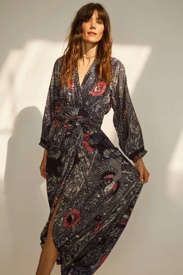 Women Natalie Martin Dresses Nico LS Maxi With Sash Peacock Ink