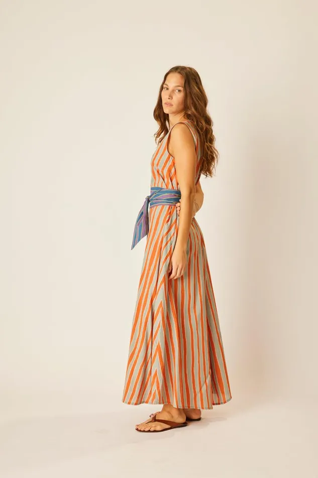 Women Natalie Martin Dresses Tova Maxi With Contrasting Belt Batik Stripe Sage