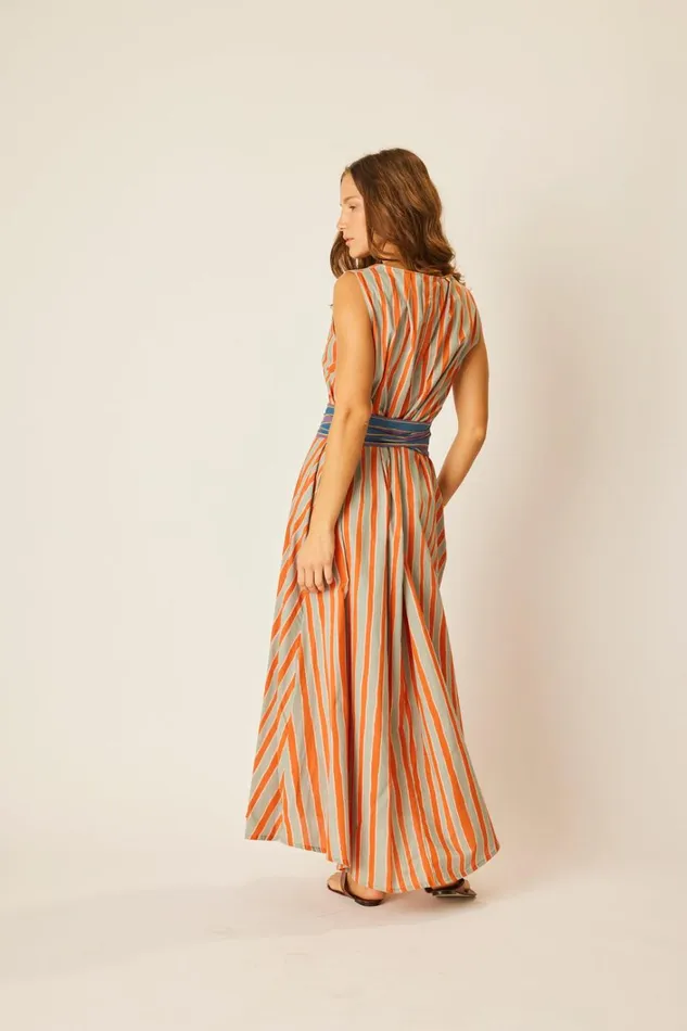 Women Natalie Martin Dresses Tova Maxi With Contrasting Belt Batik Stripe Sage