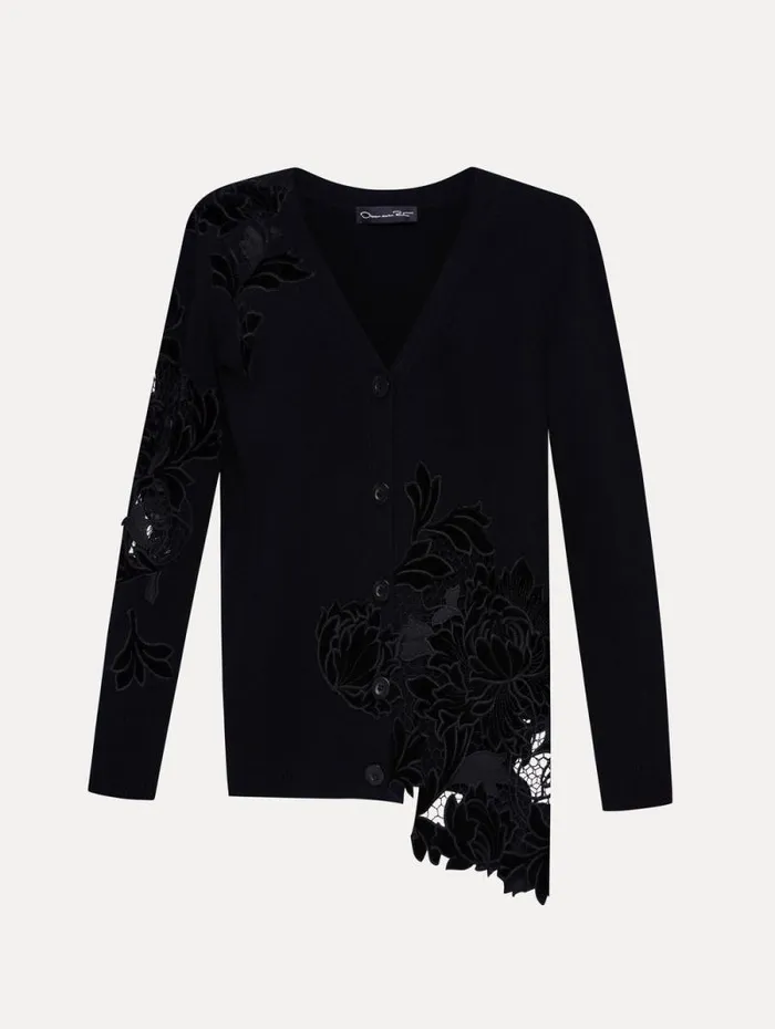 Women Oscar De La Renta Blouses and Knits Guipure Inset Long Cardigan Black
