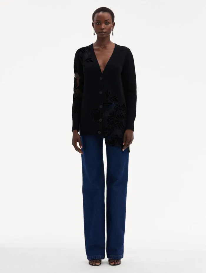 Women Oscar De La Renta Blouses and Knits Guipure Inset Long Cardigan Black Women Oscar De La Renta Blouses and Knits Guipure Inset Long Cardigan Black