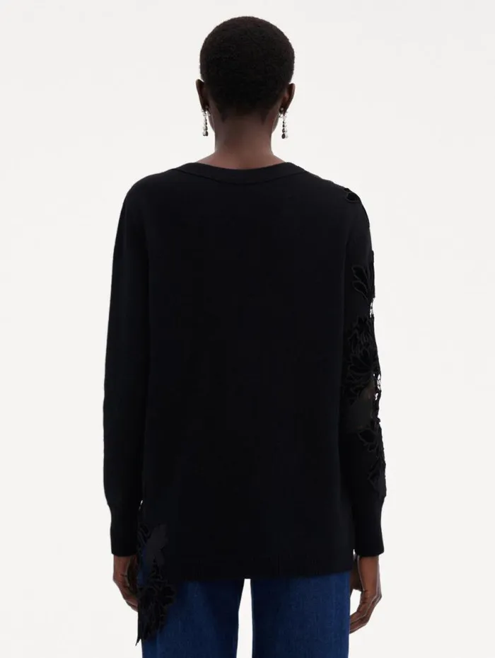 Women Oscar De La Renta Blouses and Knits Guipure Inset Long Cardigan Black Women Oscar De La Renta Blouses and Knits Guipure Inset Long Cardigan Black