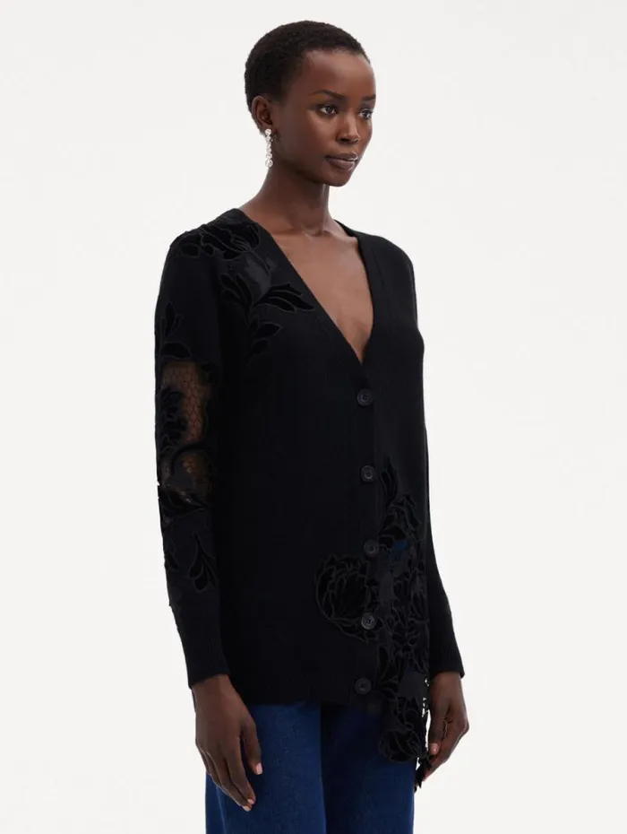 Women Oscar De La Renta Blouses and Knits Guipure Inset Long Cardigan Black Women Oscar De La Renta Blouses and Knits Guipure Inset Long Cardigan Black