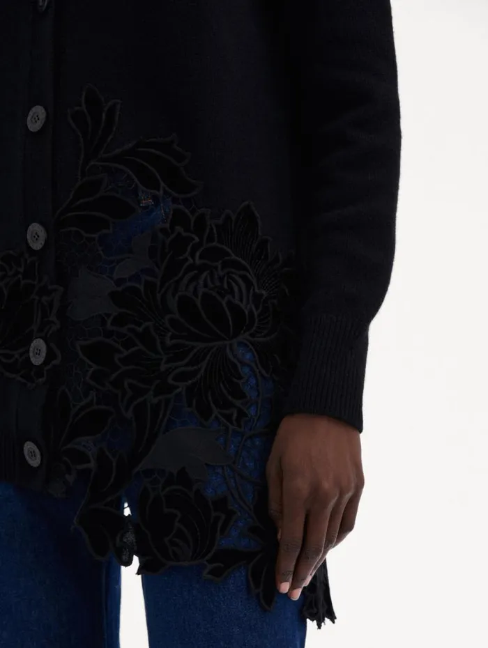 Women Oscar De La Renta Blouses and Knits Guipure Inset Long Cardigan Black Women Oscar De La Renta Blouses and Knits Guipure Inset Long Cardigan Black