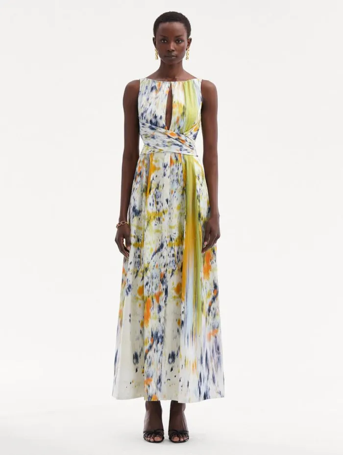 Women Oscar De La Renta Dresses Abstract Brushstroke Cotton Raso Dress Citrine Multi Women Oscar De La Renta Dresses Abstract Brushstroke Cotton Raso Dress Citrine Multi