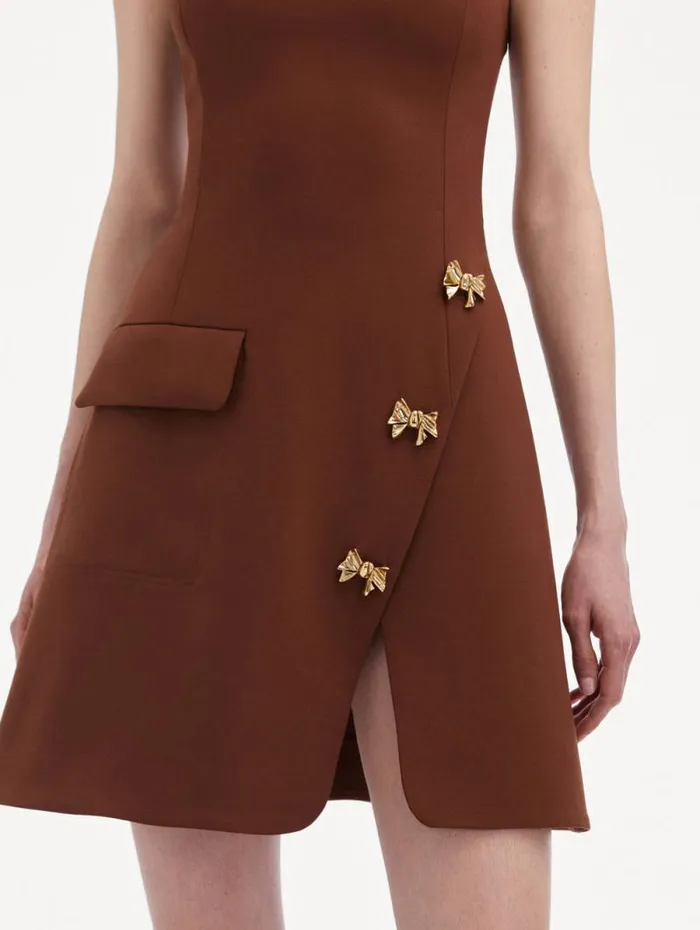 Women Oscar De La Renta Dresses Bow Button Split Skirt Dress Cocoa