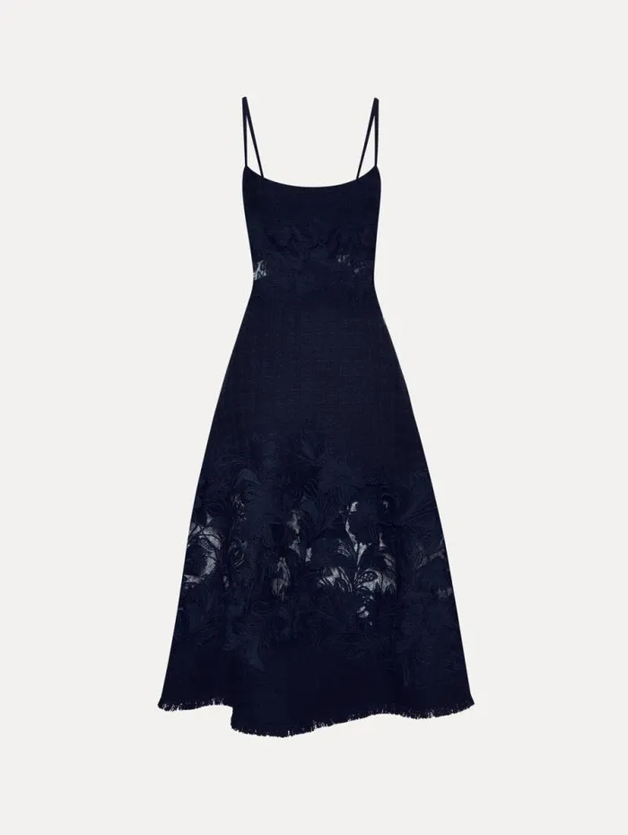 Women Oscar De La Renta Dresses Carnation Guipure Inset Tweed Dress Navy