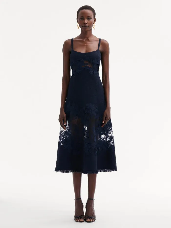 Women Oscar De La Renta Dresses Carnation Guipure Inset Tweed Dress Navy