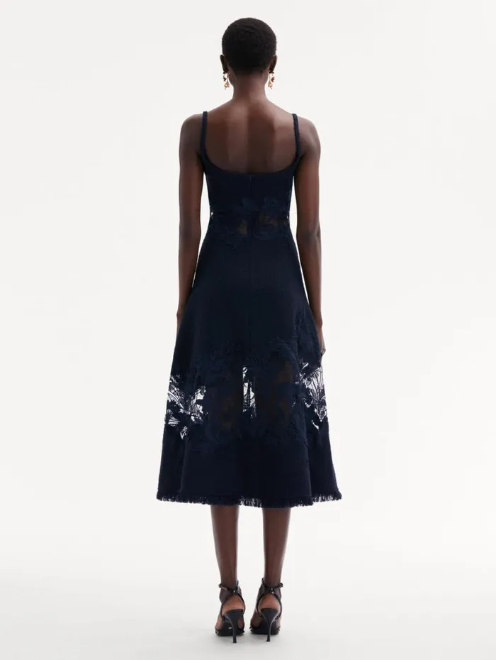 Women Oscar De La Renta Dresses Carnation Guipure Inset Tweed Dress Navy