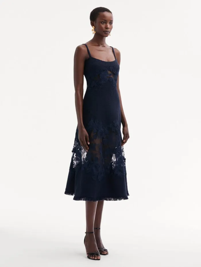 Women Oscar De La Renta Dresses Carnation Guipure Inset Tweed Dress Navy