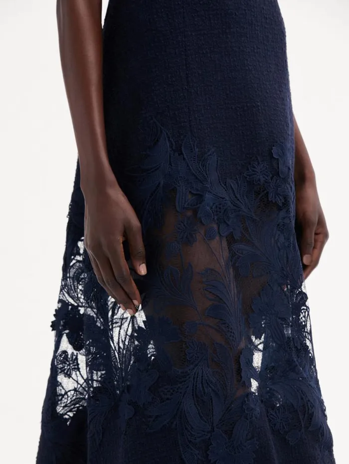 Women Oscar De La Renta Dresses Carnation Guipure Inset Tweed Dress Navy