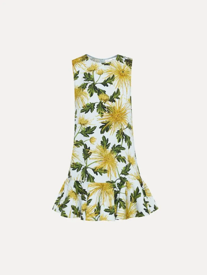 Women Oscar De La Renta Dresses Chrysanthemum Cotton Cloqu Dress Yellow Light Blue Women Oscar De La Renta Dresses Chrysanthemum Cotton Cloqu Dress Yellow Light Blue