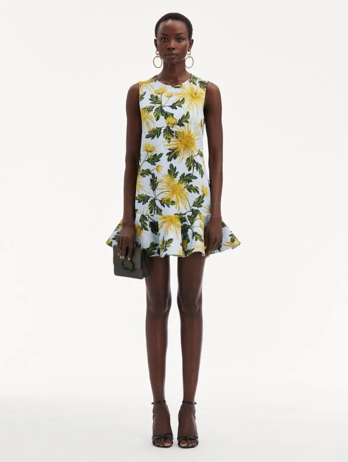 Women Oscar De La Renta Dresses Chrysanthemum Cotton Cloqu Dress Yellow Light Blue Women Oscar De La Renta Dresses Chrysanthemum Cotton Cloqu Dress Yellow Light Blue